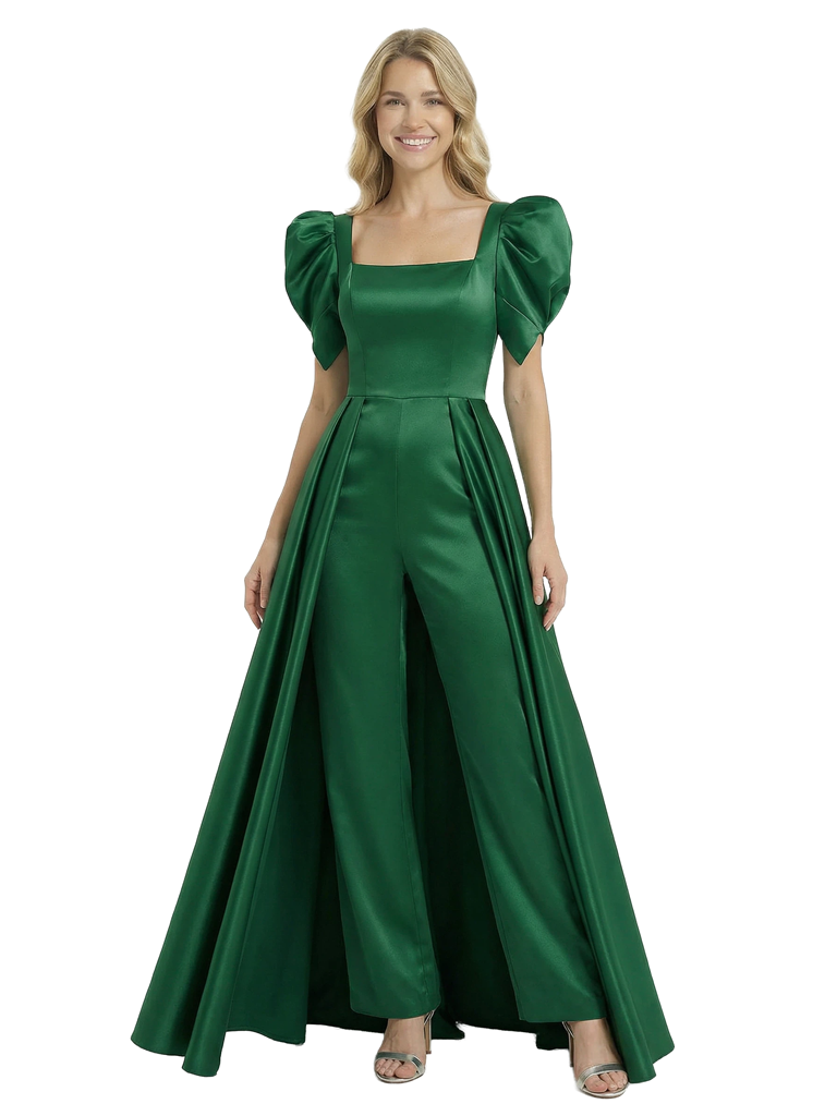 Chicsew Mother of The Groom Pantsuit Overskirt Fancy Square Puff Short Sleeve Satin Outfit Unique Silhouette