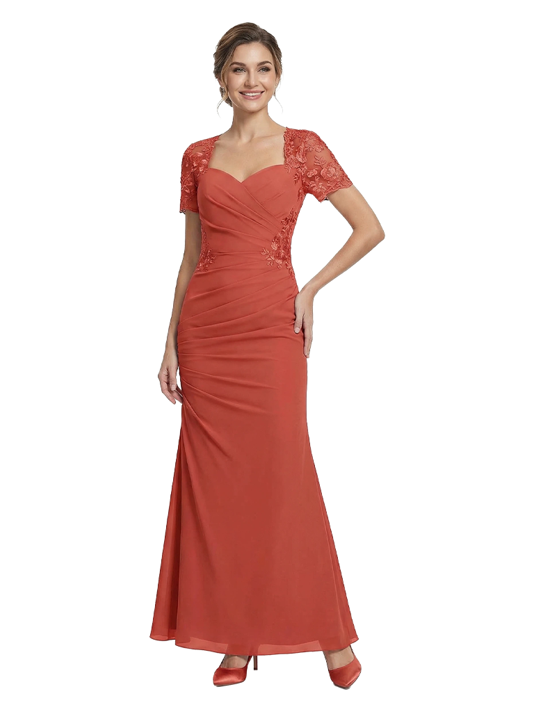 Mother of The Groom Dress Sweetheart Neck Short Sleeve Ruched Mermaid Floor-Length Chiffon Gown