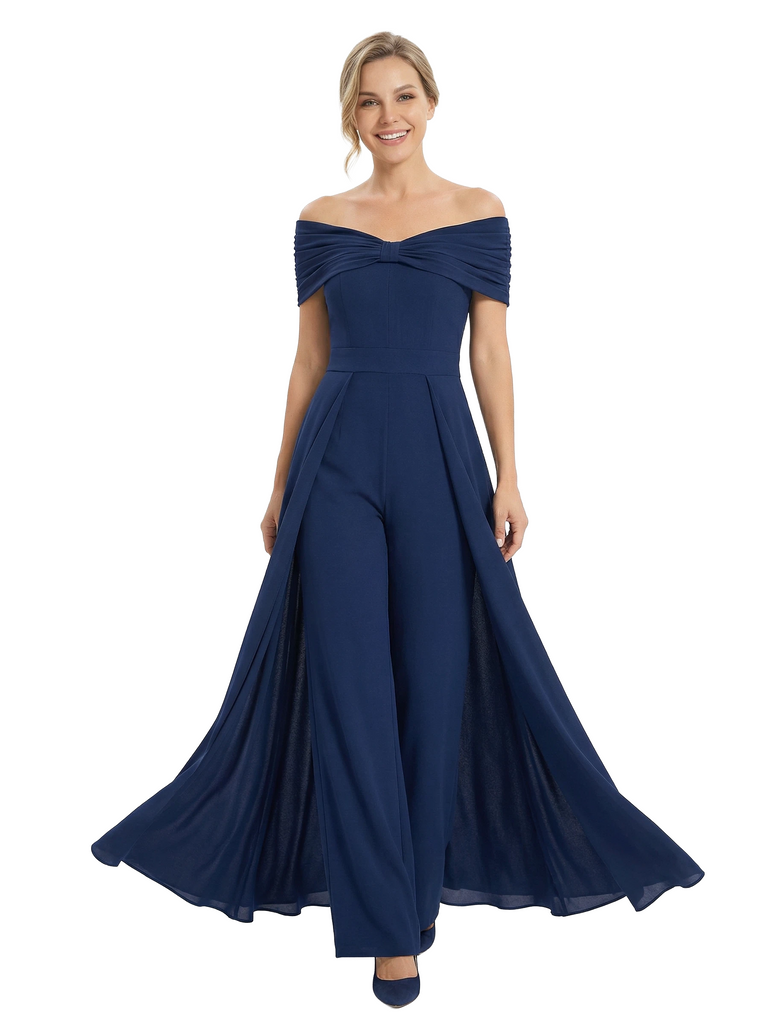 Chicsew Mother of Bride Pantsuit Overskirt Modern Knot Detail Chiffon Wide Leg Gown Fancy Overlay