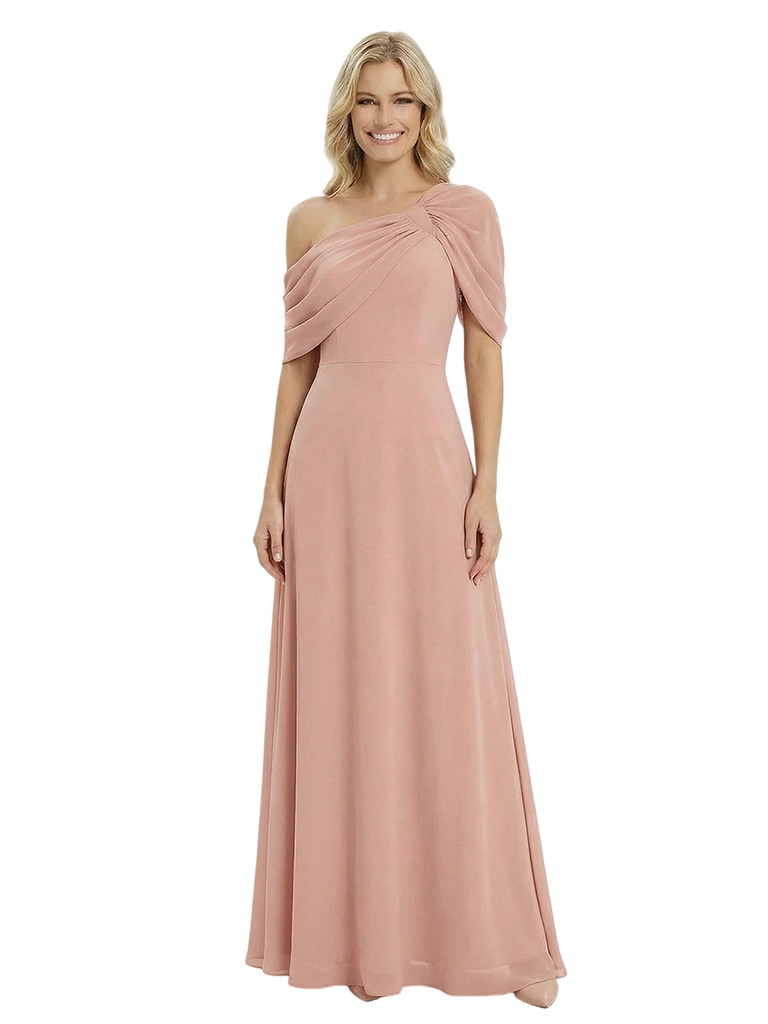 Chicsew Unique Mother of The Groom Dress Asymmetric Short Sleeve A-Line Floor Length Chiffon Modern Flowy Formal Dress
