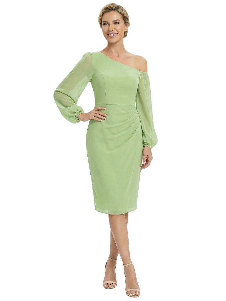 Chicsew Modern One Shoulder Knee-Length Long Sleeves Sheath Ruched Chiffon Mother Of The Bride Dresses