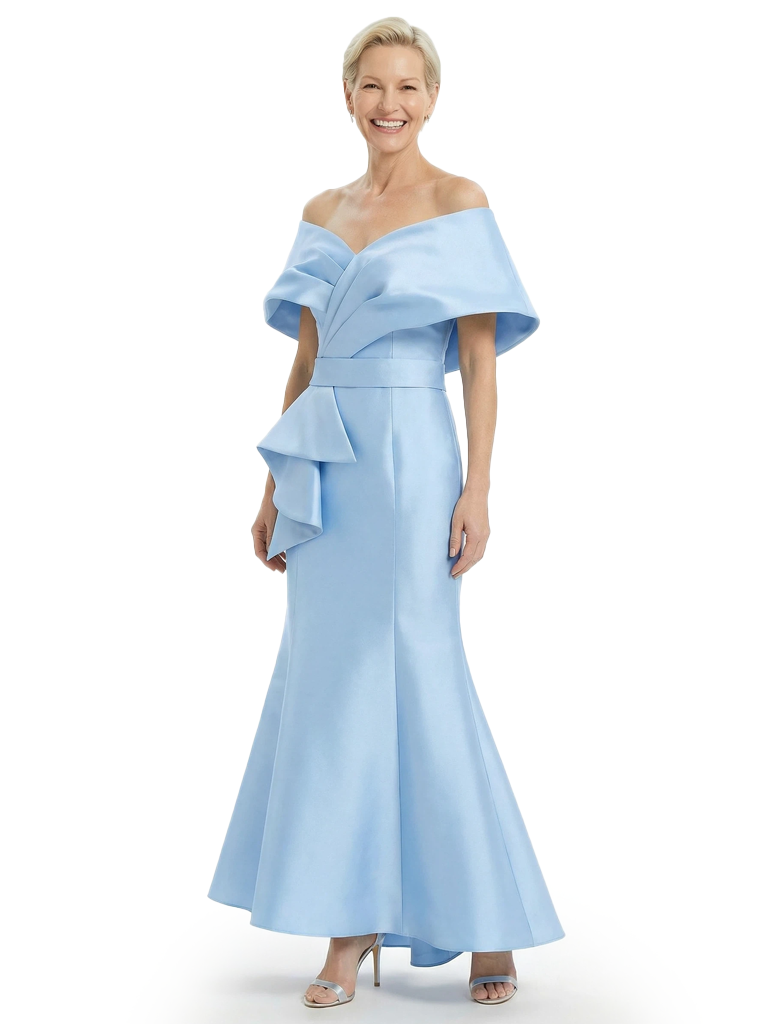 Mother of The Groom Dress Off Shoulder Mermaid Satin Floor-Length Ruffled Fancy Chic Formal Gown
