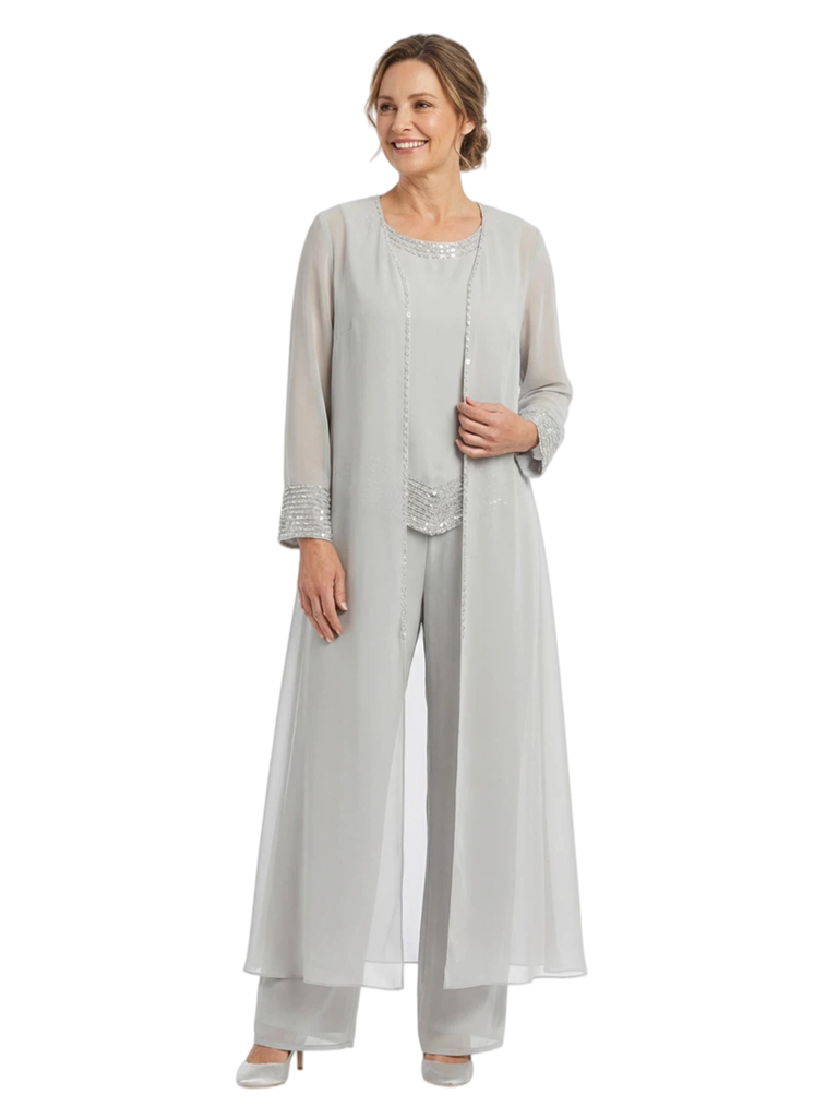 Chicsew Round Neck Chiffon Mother Of The Bride Three Piece Jumpsuit Beaded Formal Mother Of Bride Pantsuits