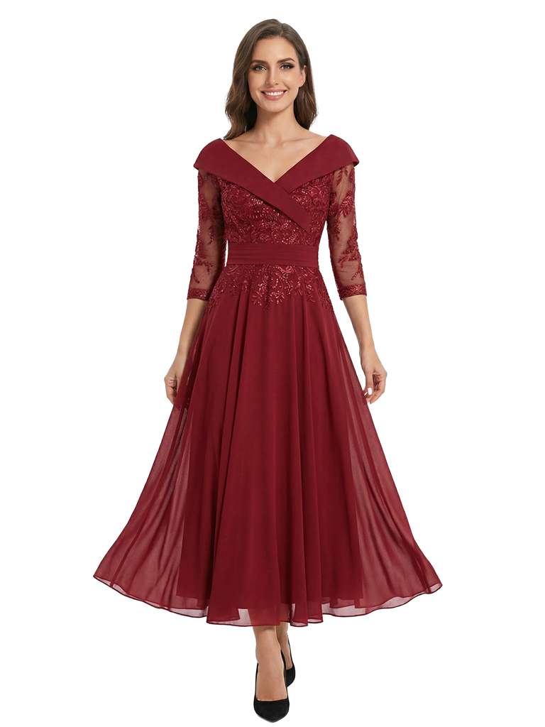 Chicsew Unique V-Neck 3/4 Sleeve Lace Sequin Mother of The Groom Dress Flowy Midi Chiffon Fancy Formal Gown
