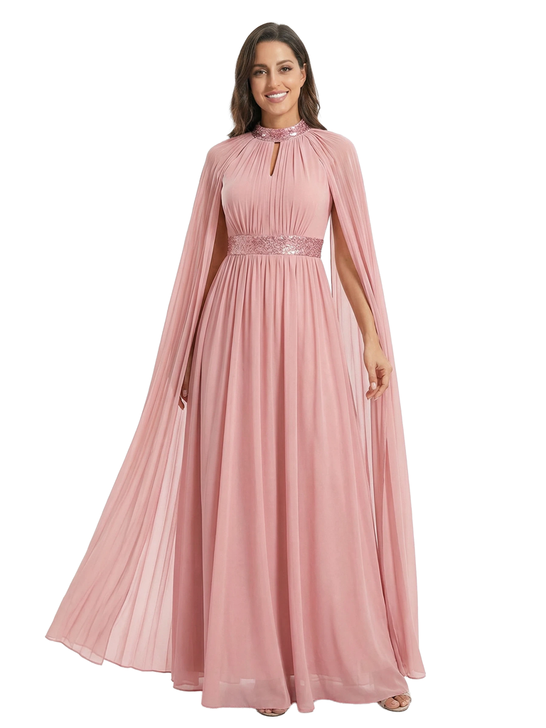 Chicsew Stunning Keyhole Cape Sleeve Sequin Mother of The Bride Dress Long Chiffon Elegant Formal Gown