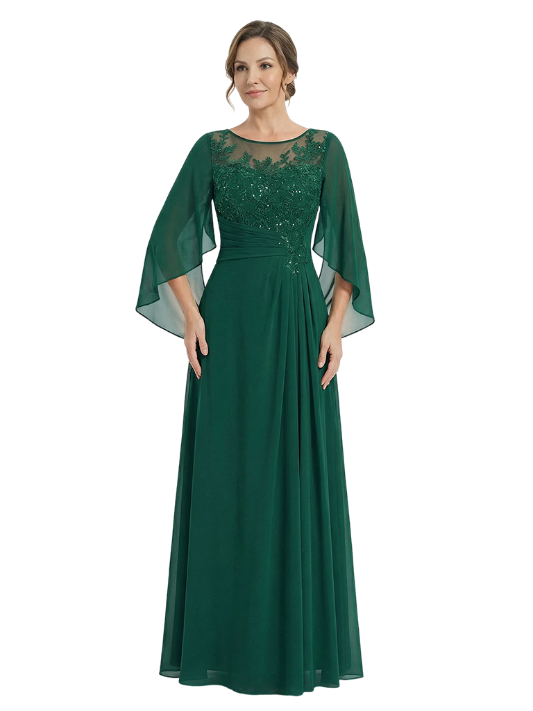 Elegant Cascading Ruffles Cape Lace Chiffon A-Line Mother of The Bride Dresses