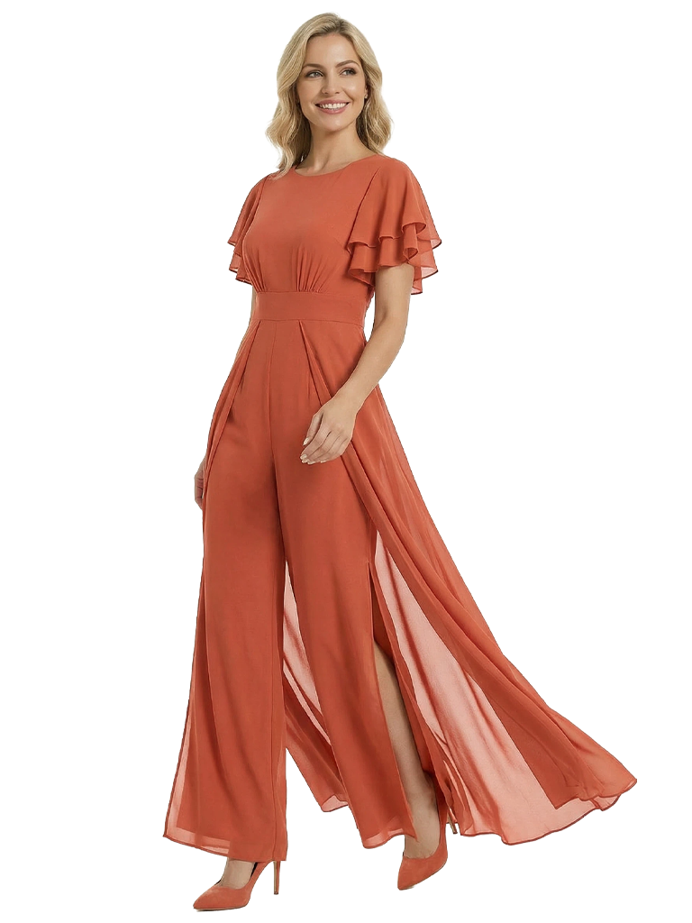 Mother of The Bride Pantsuit Round Neck Ruffled Short Sleeve Chiffon Floor-Length Pantsuit Trendy Unique Bride Mother Formal Attire