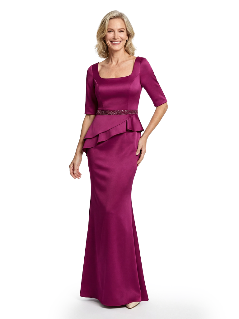Classy Square Neck Half Sleeve Satin Mother of The Bride Dress Floor-Length Mermaid Gown with Beaded Belt Stylish Wedding Event Wear