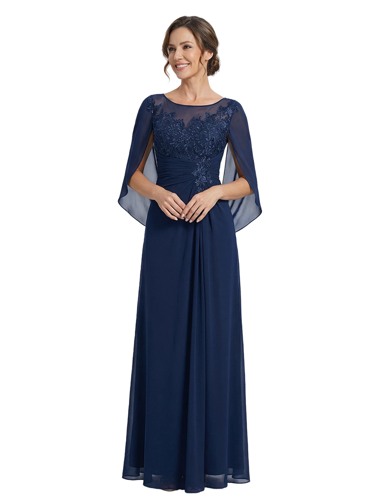 Elegant Cascading Ruffles Cape Lace Chiffon A-Line Mother of The Bride Dresses