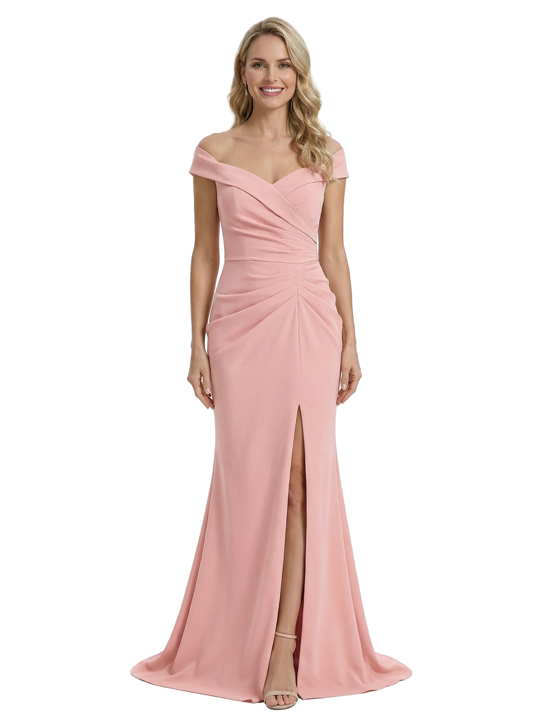 Glam Off Shoulder Sleeveless Mother of The Bride Dress Crepe Side Slit Mermaid Maxi Gown