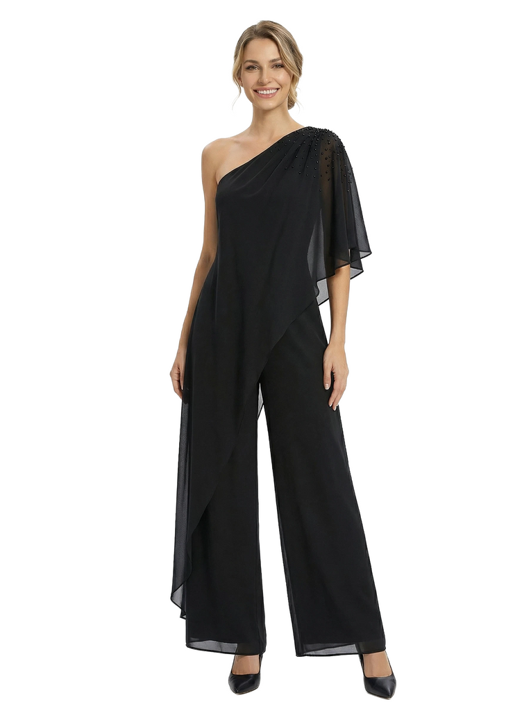 Chicsew Mother of Groom Jumpsuit Unique Beaded Short Sleeve Chiffon Wide Leg Classy Outfit