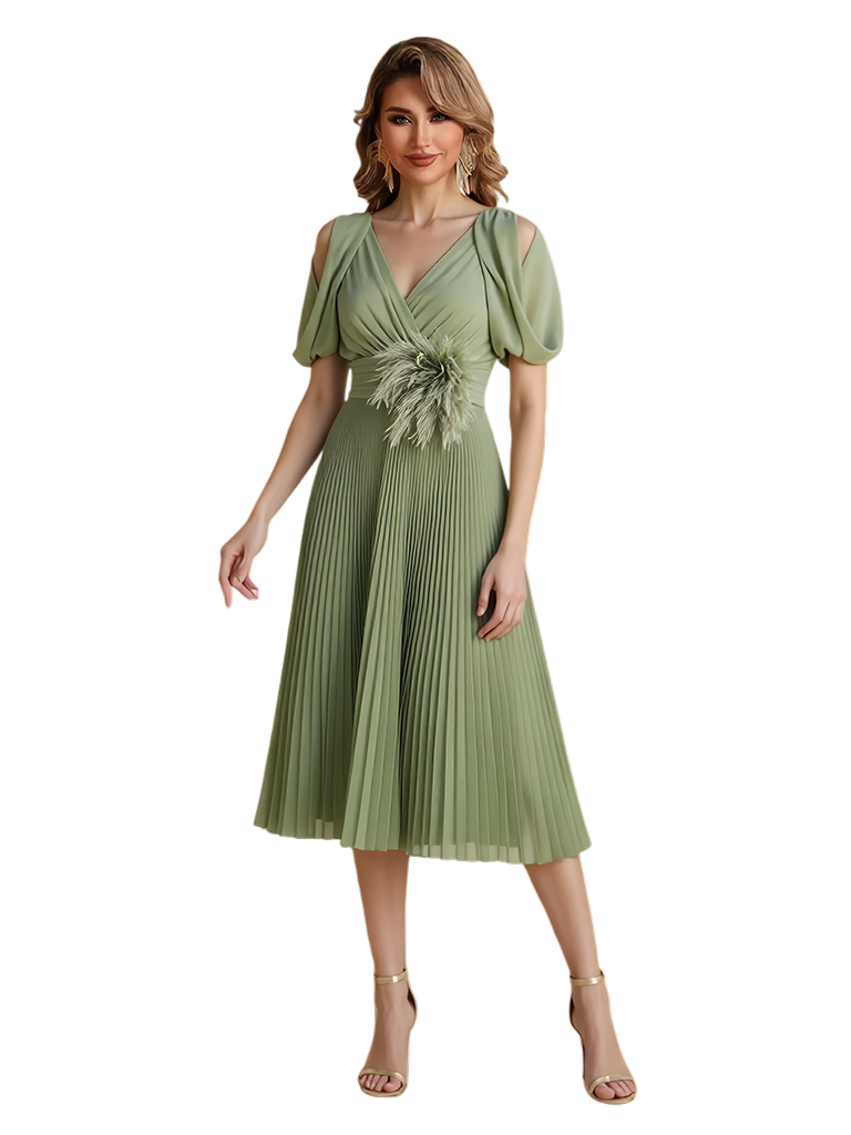 Elegant Short Sleeves Chiffon A-line Midi Mother of The Bride Dresses