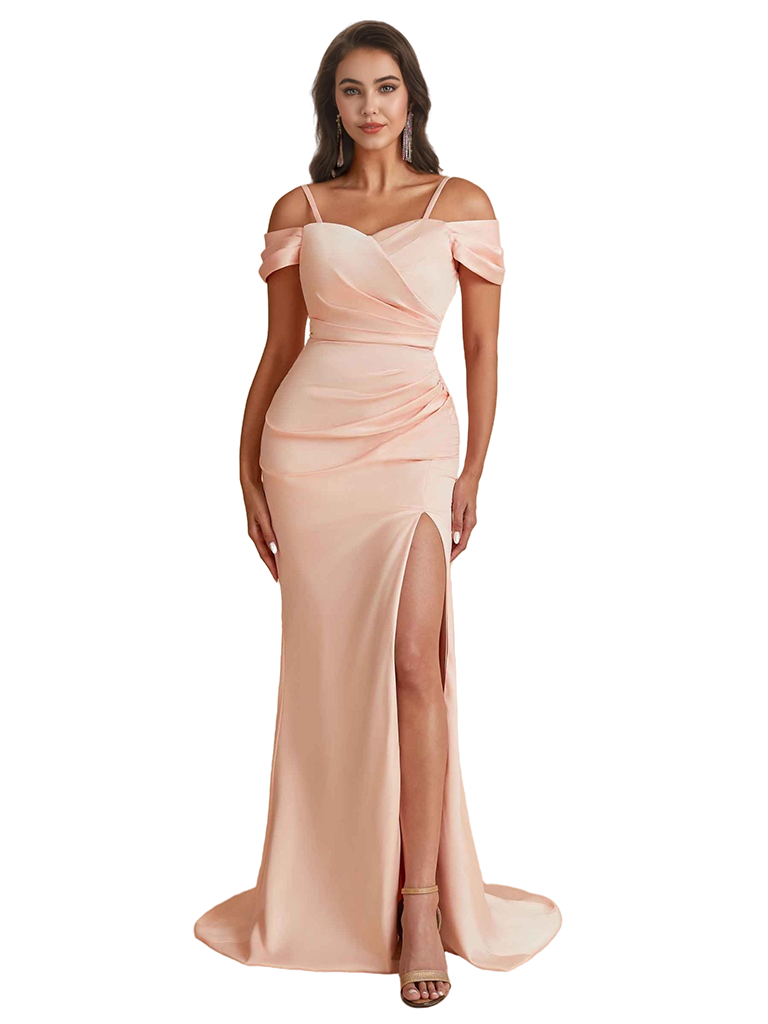 Elegant Cold Shoulder Mermaid Silky Satin Unique Long Bridesmaid Dresses Side Slit