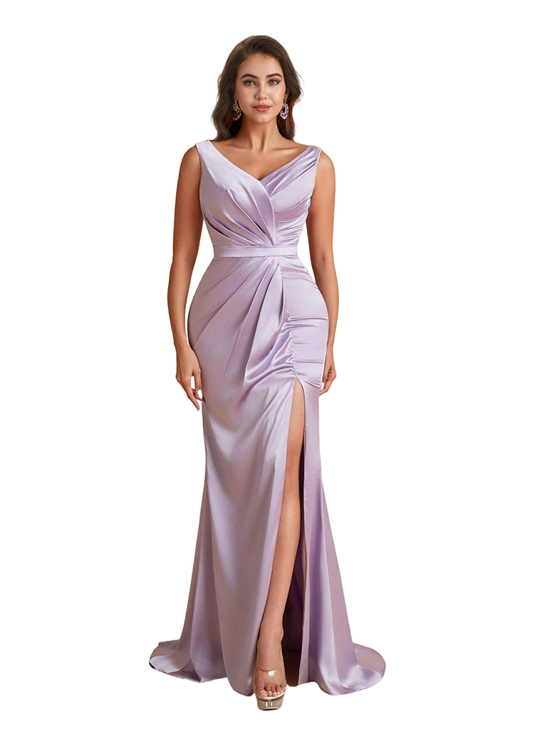 Elegant V-Neck Mermaid Silky Satin Unique Long Bridesmaid Dresses Side Slit