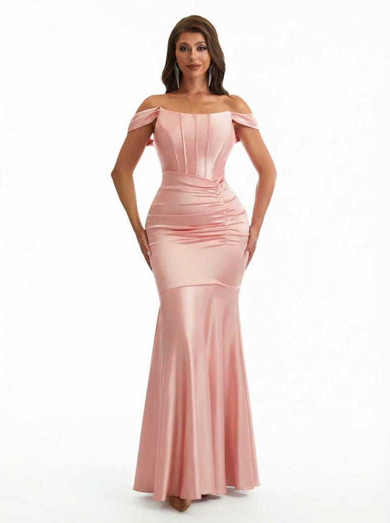 Sexy Off The Shoulder Silky Satin Boning Mermaid Long Evening Formal Dresses