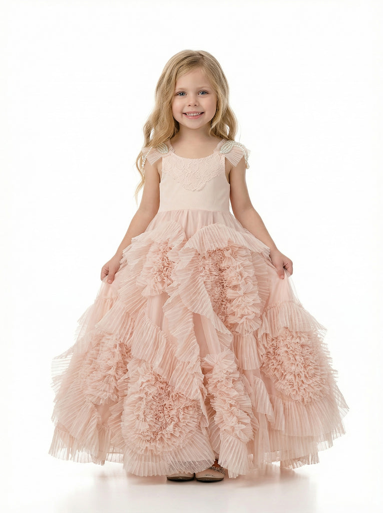 Beautiful Beaded Cap Sleeves Round Neck Lace Ruffle Tulle A-Line Flower Dress For Kids