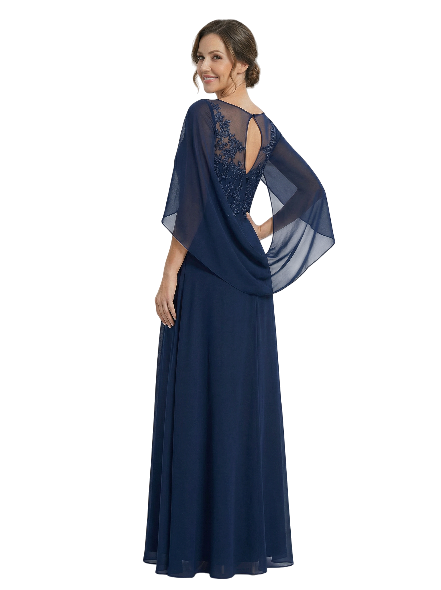 Elegant Cascading Ruffles Cape Lace Chiffon A-Line Mother of The Bride Dresses