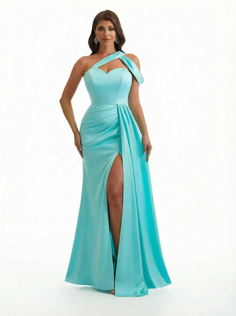 Sexy One Shoulder Mermaid Silky Satin Good Long Formal Dresses Side Slit