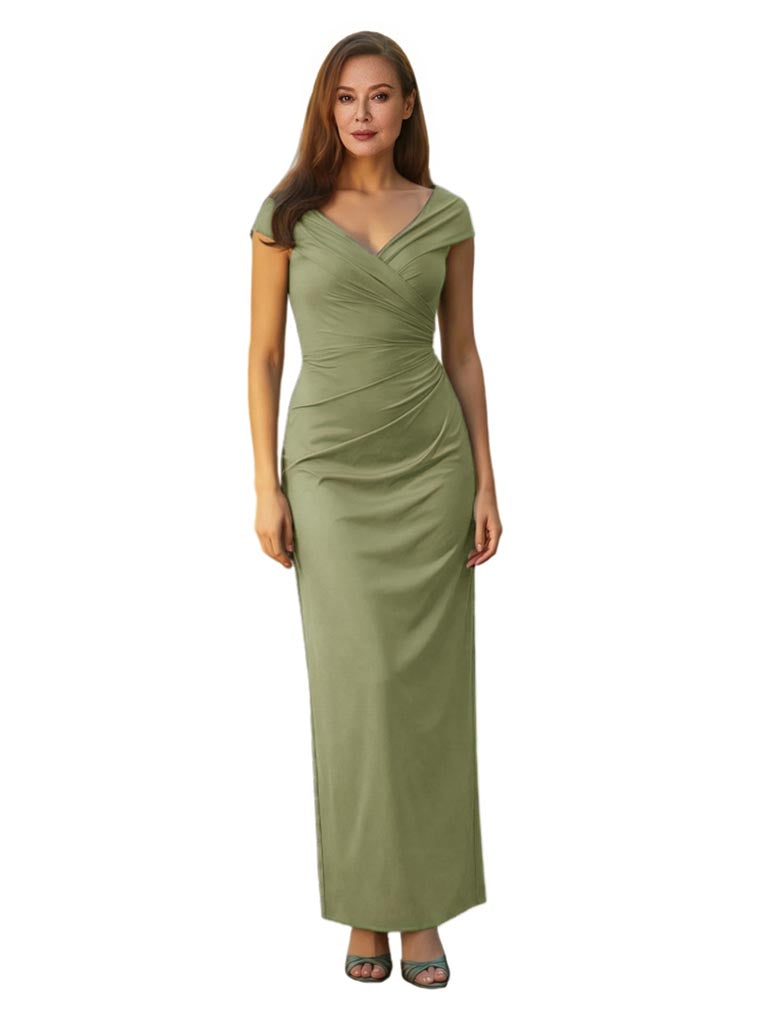 Elegant Satin V-neck Cap Sleeves Mermaid Long Mother Of The Bride Dresses