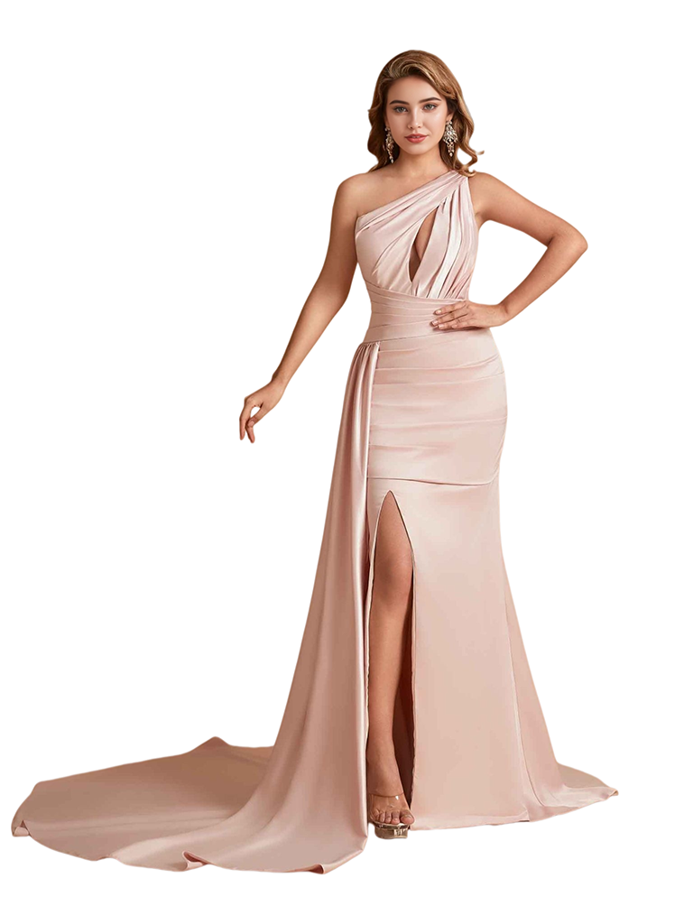 Sexy One Shoulder Soft Satin Mermaid Side Slit Pretty Long Bridesmaid Dresses Online