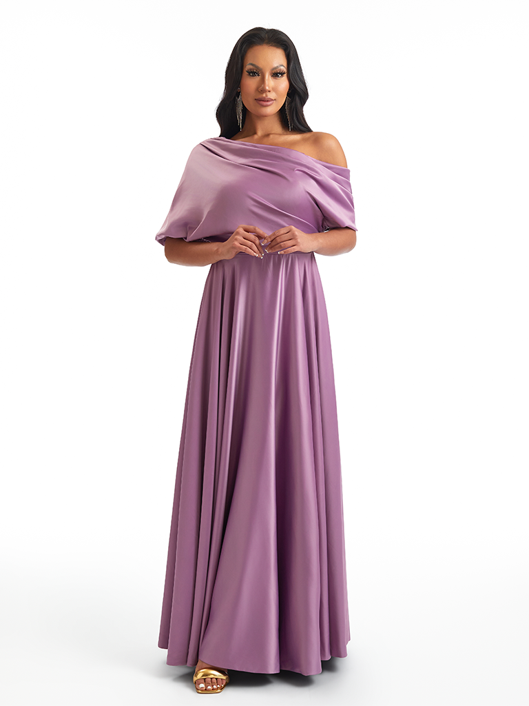 Elegant Asymmetric Straps Soft Satin A-Line Unique Long Mother Of The Bride Dresses Online