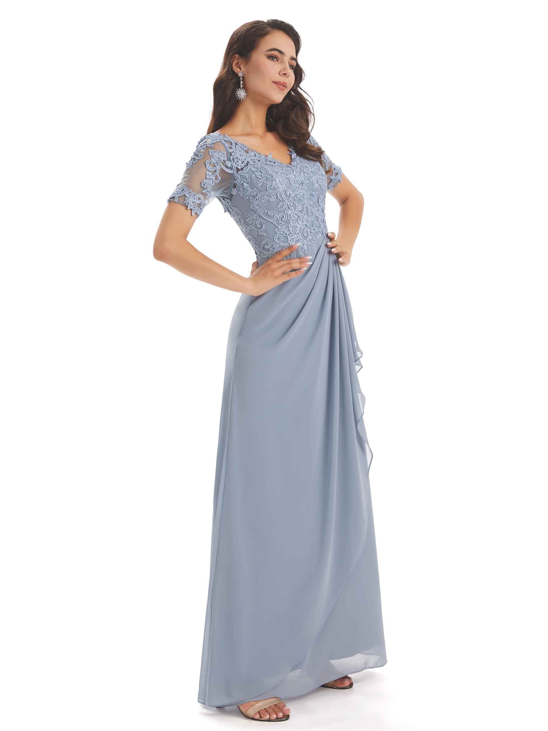 Elegant Lace Short Sleeves Chiffon V-neck Floor-length Mother of The Bride Dresses