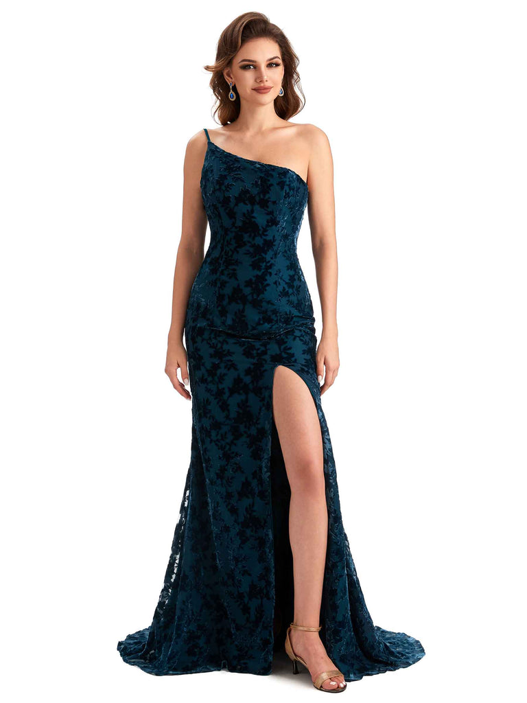 Sexy Side Slit One Shoulder Mermaid Floral Velvet Long Bridesmaid Dresses Online