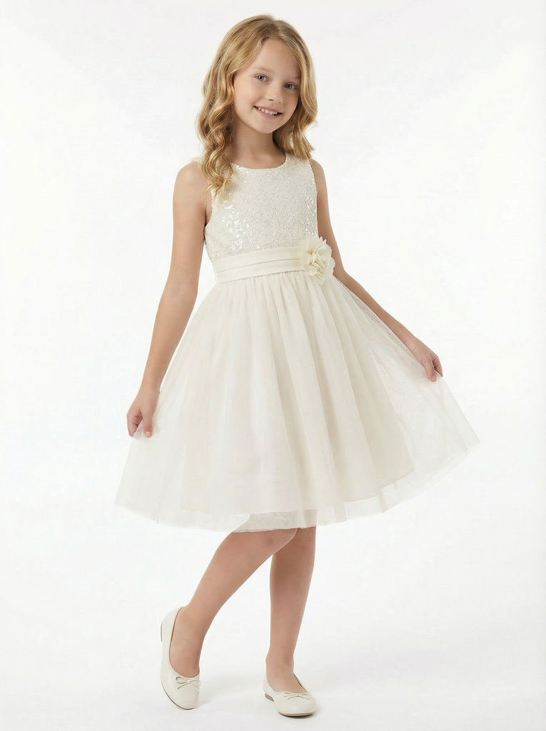 Sequin Bodice A Line Flower Girl Dress with Tulle Overlay Tea Length Party Skirt