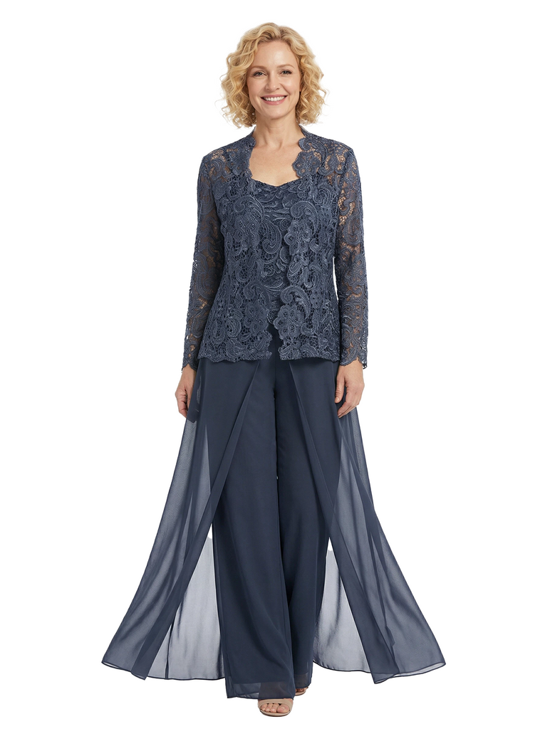 Chicsew Chiffon Mother Of The Bride Three Piece Pantsuit Lace Formal Wedding Mother Of Bride Pantsuits
