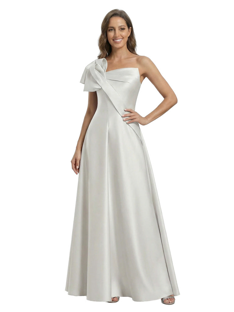 Modern One Shoulder Bow Detail A-Line Satin Mother Of The Bride Gown