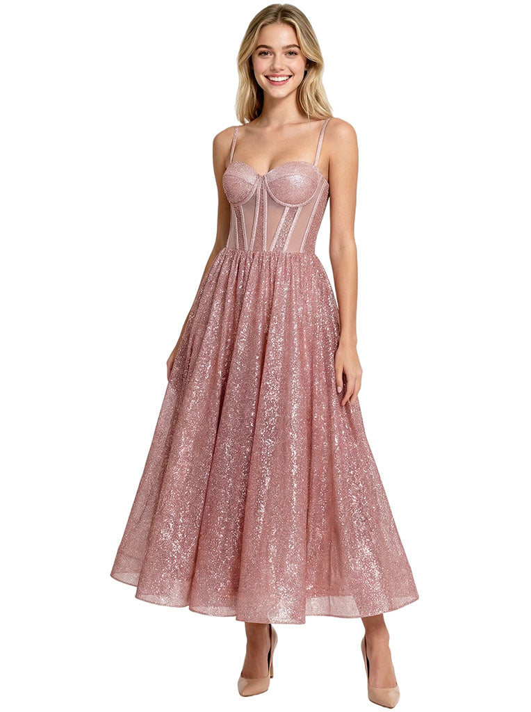 Gorgeous Spaghetti Straps Glitter Tulle A-line Corset Ankle-Length Evening Prom Dresses