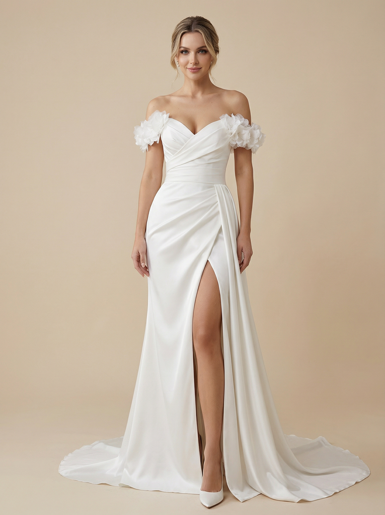 Mermaid Off Shoulder Maxi Long Satin Wedding Dresses Online With Train Side Slit