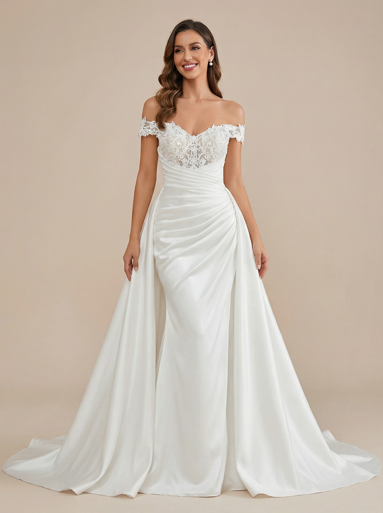 Mermaid Off The Shoulder Lace Appliques Maxi Long Satin Wedding Dresses Online With Overskirt