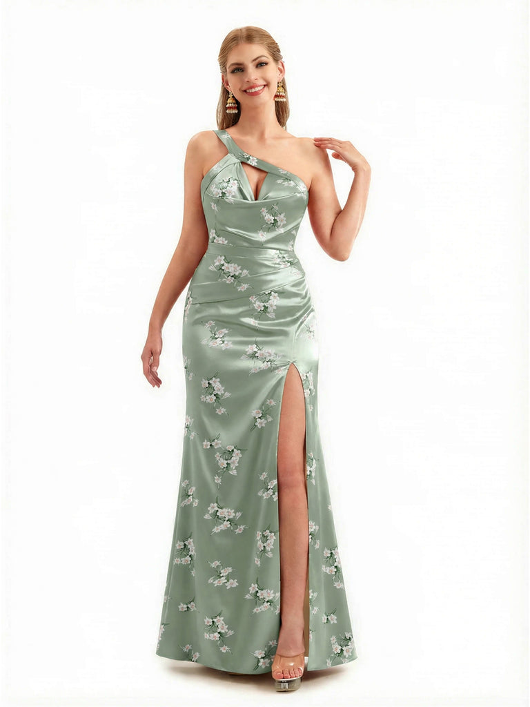 Beautiful One Shoulder Side Slit Mermaid Floral Satin Maxi Floral Formal Dresses For Women
