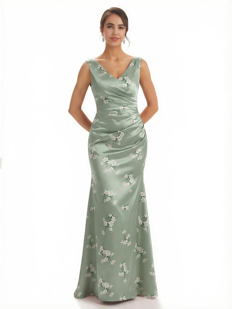 Trendy V-Neck Mermaid Floral Satin Maxi Floral Formal Evening Dresses For Women