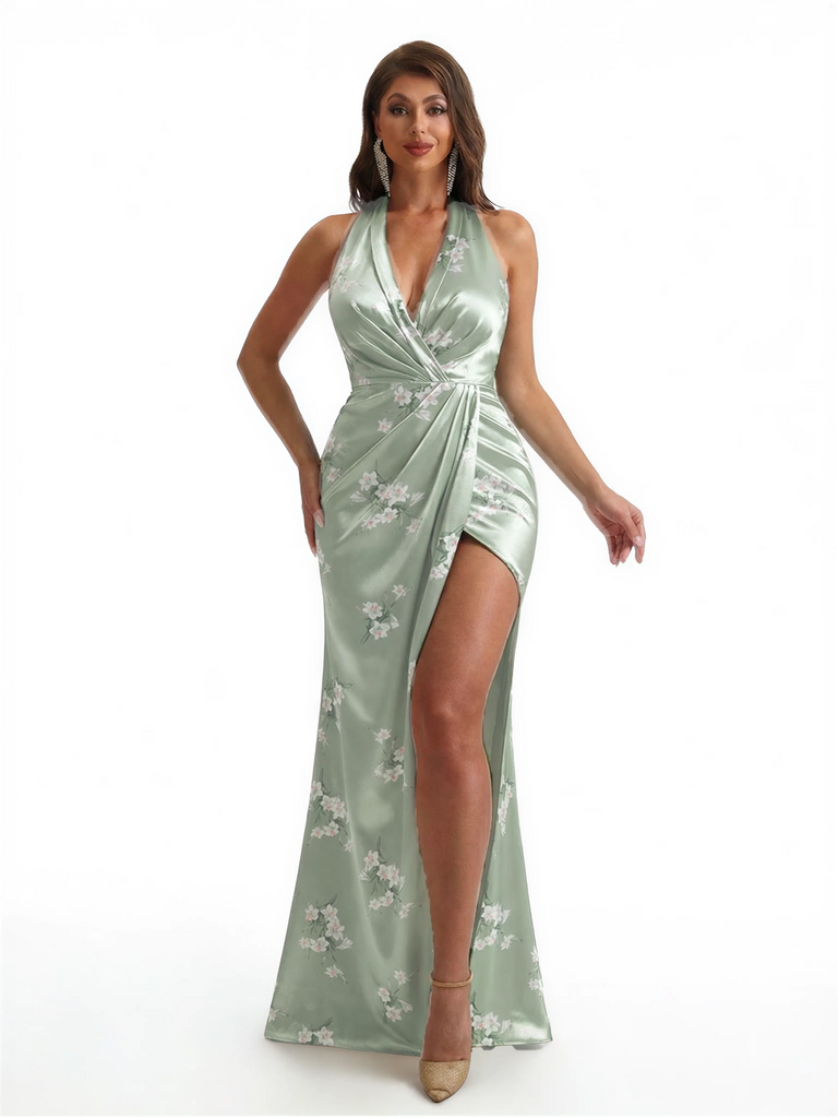 Simple Halter Side Slit Mermaid Floral Satin Maxi Floral Formal Dresses For Women