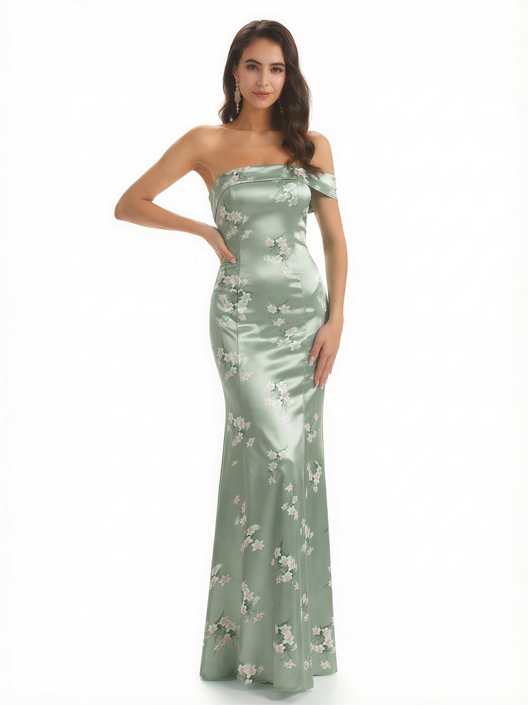 Sexy One Shoulder Sleeveless Mermaid Long Satin Floral Formal Dresses For Women
