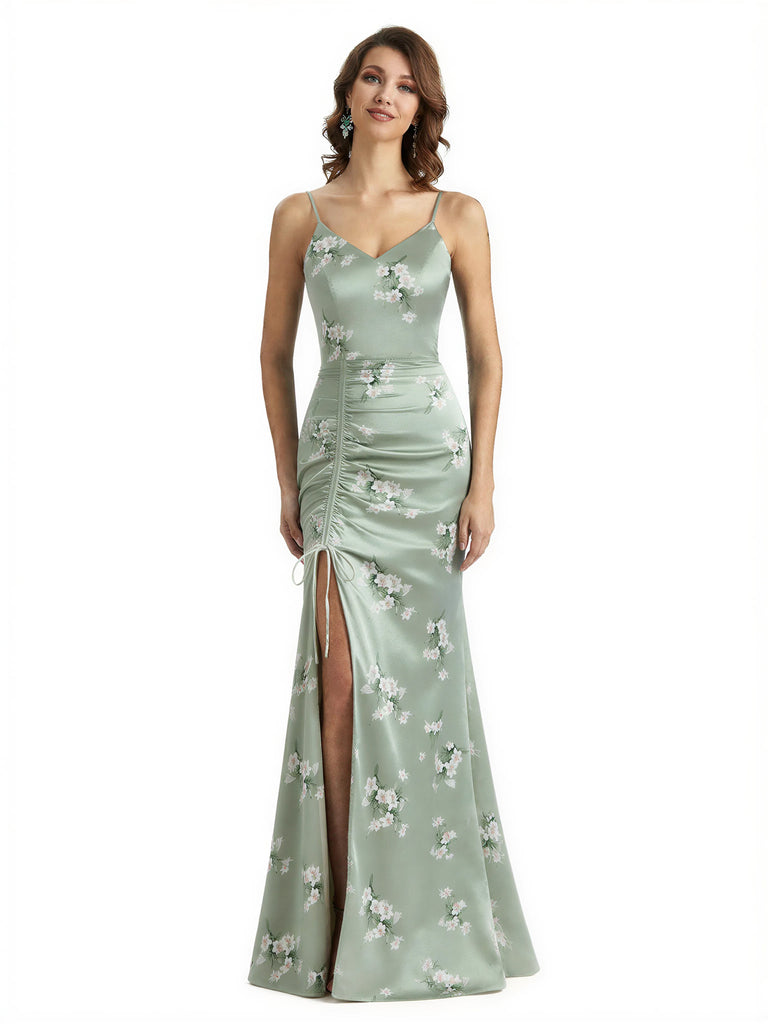Simple Spaghetti Straps V-Neck Side Slit Mermaid Floral Satin Maxi Floral Formal Dresses For Women
