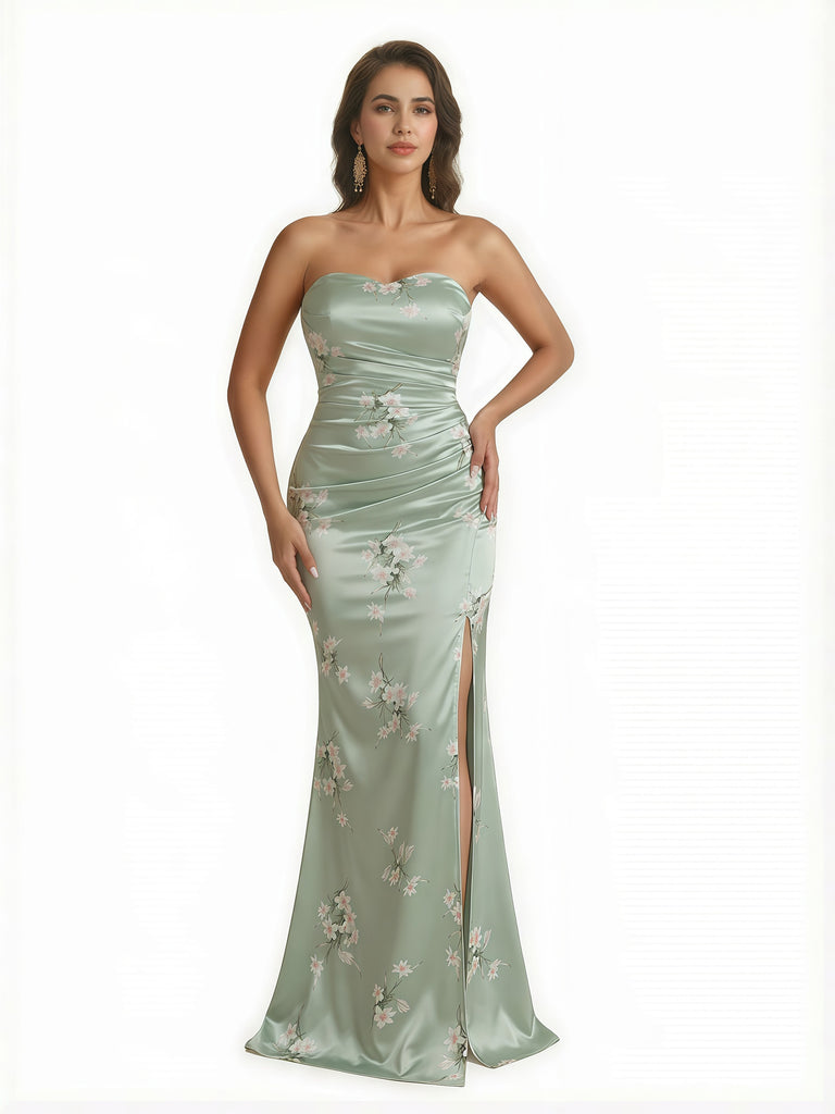 Trendy Sweetheart Strapless Side Slit Mermaid Long Satin Floral Formal Dresses For Women