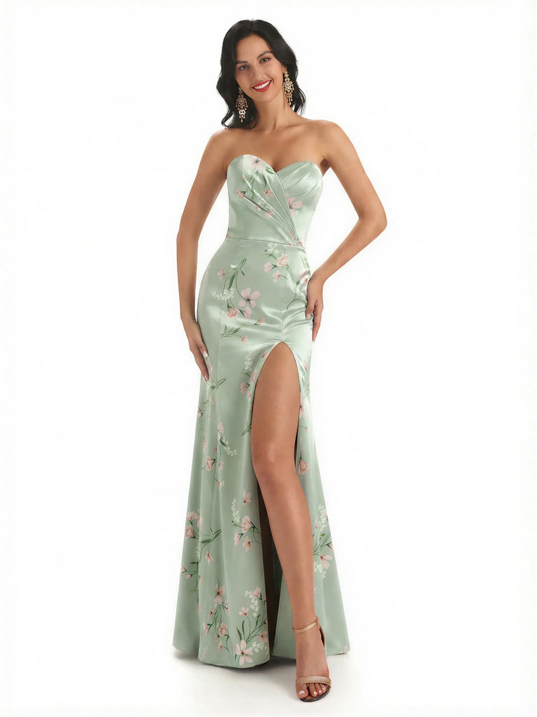 Sexy Sweetheart Side Slit Mermaid Long Satin Floral Formal Dresses For Women