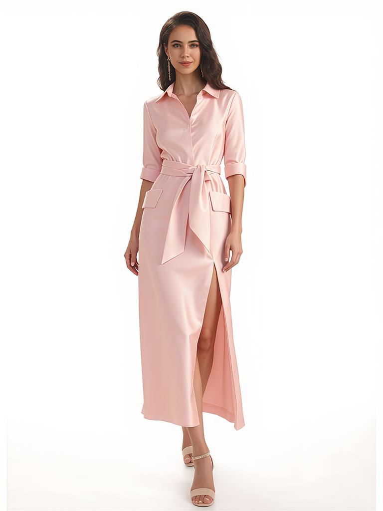 Simple Silky Satin Half Sleeves Sheath Ankle-Length Formal Evening Gowns For Women Side Slit