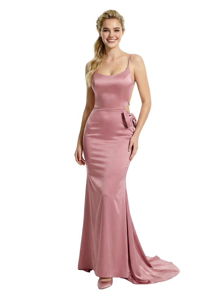 Sexy Backless Mermaid Spaghetti Straps Bow Knot Satin Long Party Prom Dresses