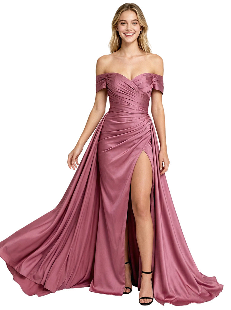 Classy Mermaid Off Shoulder Satin Long Party Prom Dresses Overskirt