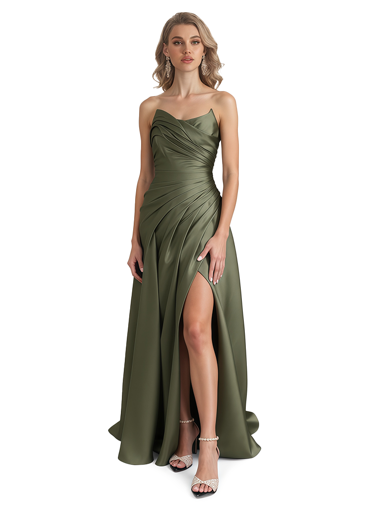 Elegant Strapless Silky Satin Pleats A-Line Long Formal Evening Gowns For Ladies