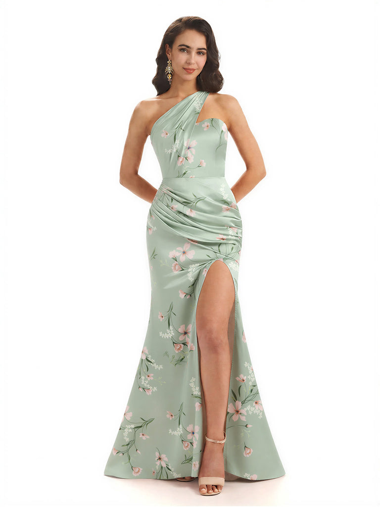 Sexy One Shoulder Side Slit Mermaid Satin Floral Formal Dresses For Women