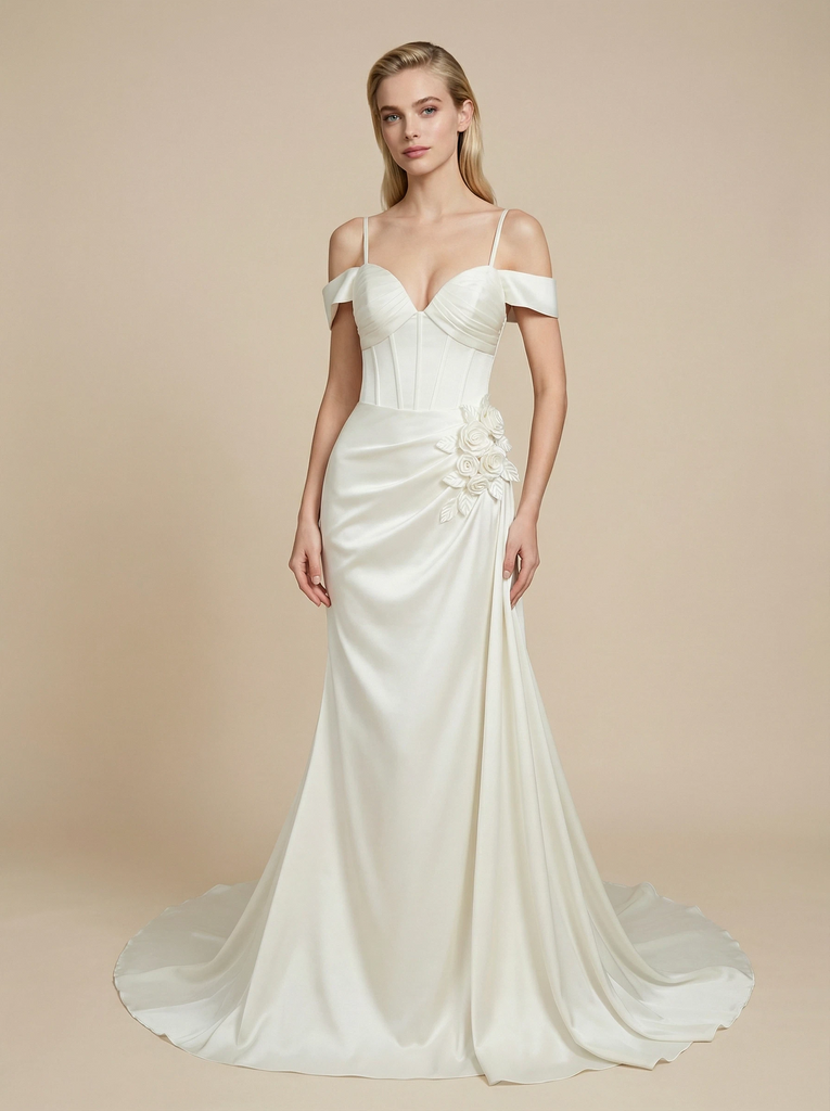 Mermaid Cold Shoulder Maxi Long Satin Wedding Dresses With Waist Drape