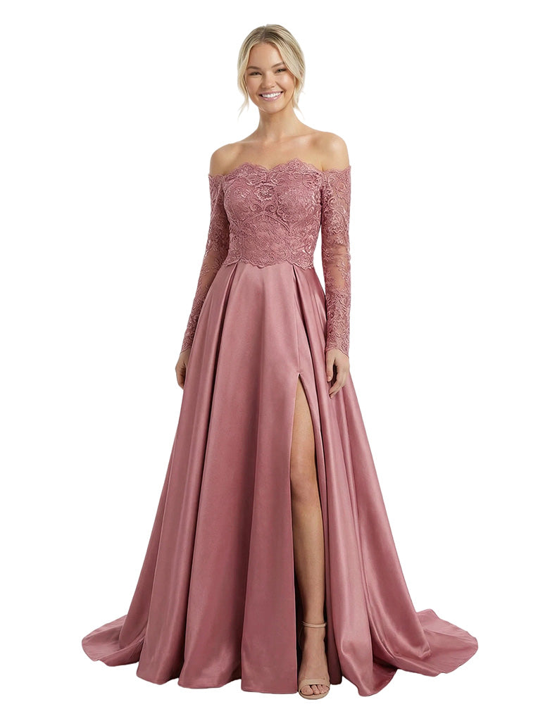 Unique Off-Shoulder Lace Long Sleeve Satin A-Line Prom Gown Slit
