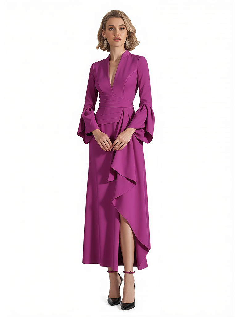 Sexy V-Neck Long Sleeves Stretchy Crepe Ruffle Ankle-Length Long Evening Gowns For Women