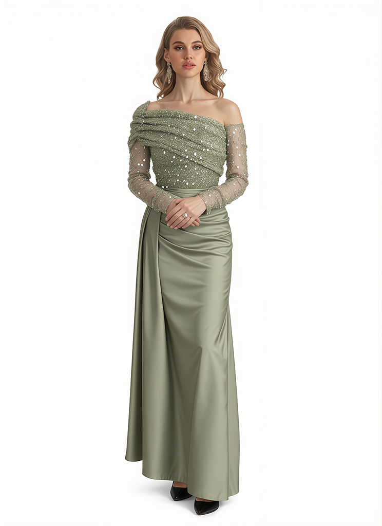 Elegant Long Sleeves Silky Satin A-Line Long Formal Evening Gowns For Ladies