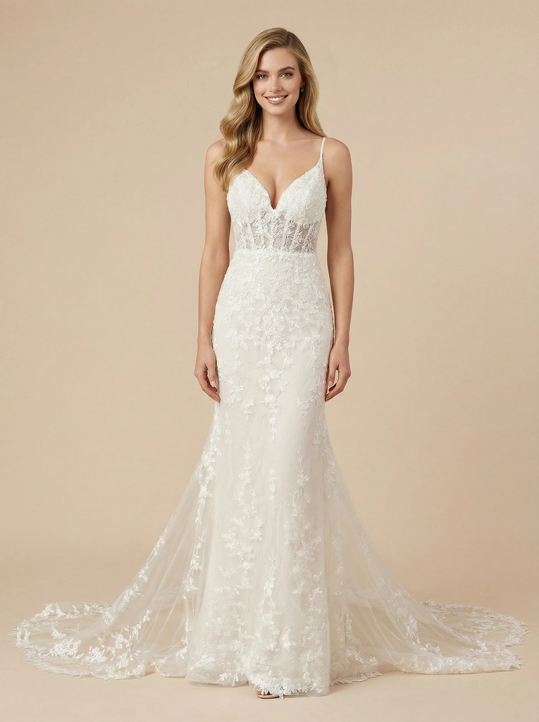 Spaghetti Straps Mermaid V-Neck Boning Maxi Long Lace Wedding Dresses Online